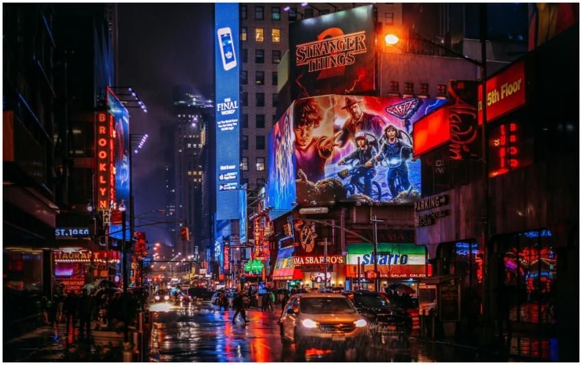 Bustling Times Square street scene in New York Cit