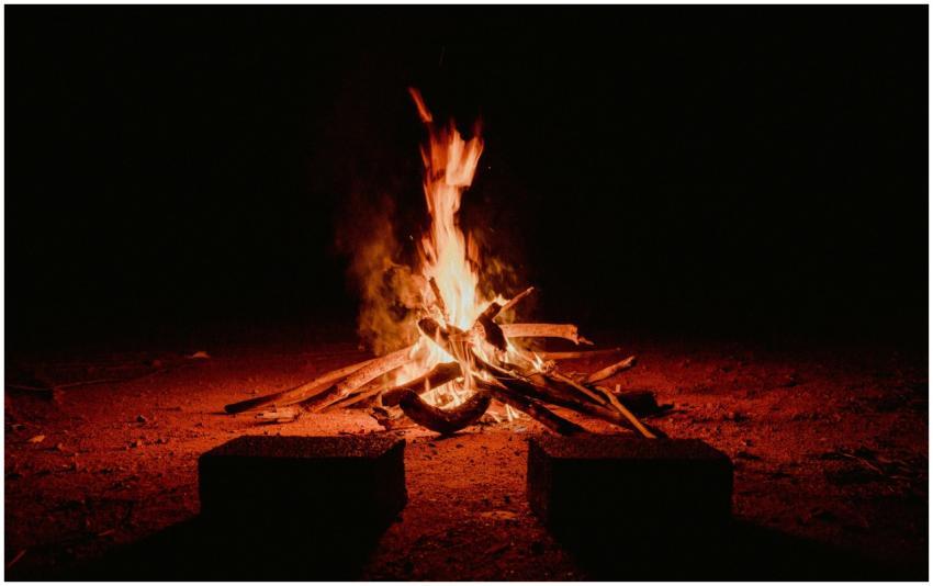 A warm campfire burning brightly against the dark