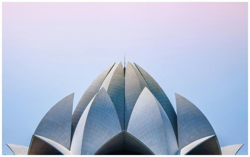 Stunning low angle view of the iconic Lotus Temple
