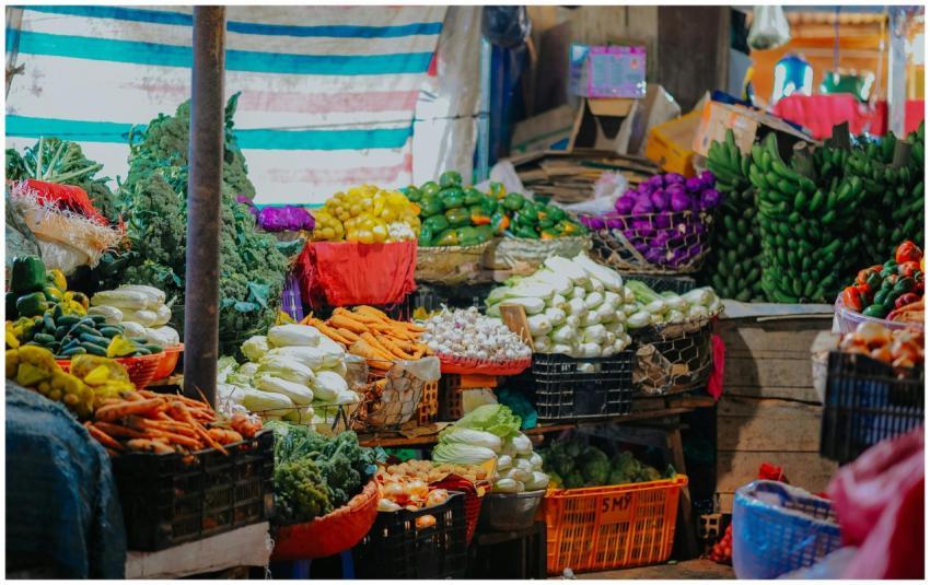 Vibrant array of fresh fruits and vegetables displ