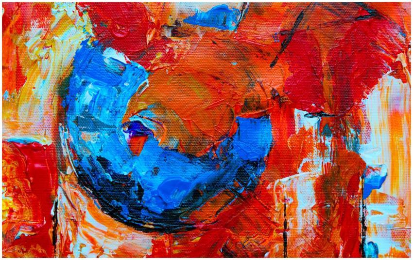 A vivid and colorful abstract painting featuring b