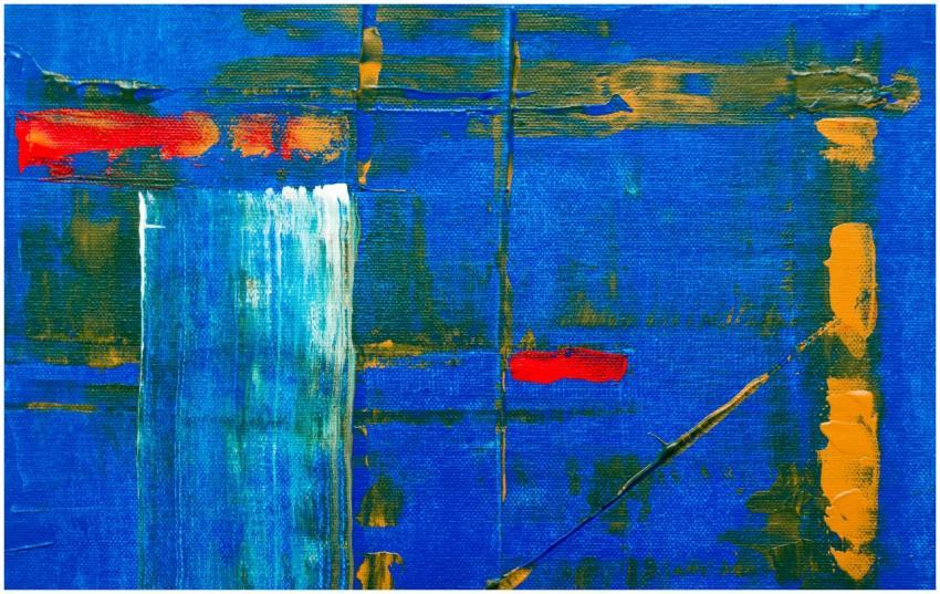 Dynamic abstract painting featuring vivid blue, re