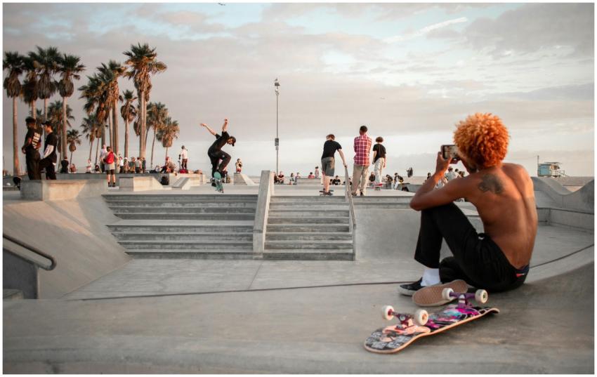 Energetic skateboarding action during sunset at Ve