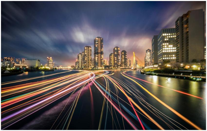 Dazzling Tokyo skyline at night with colorful ligh