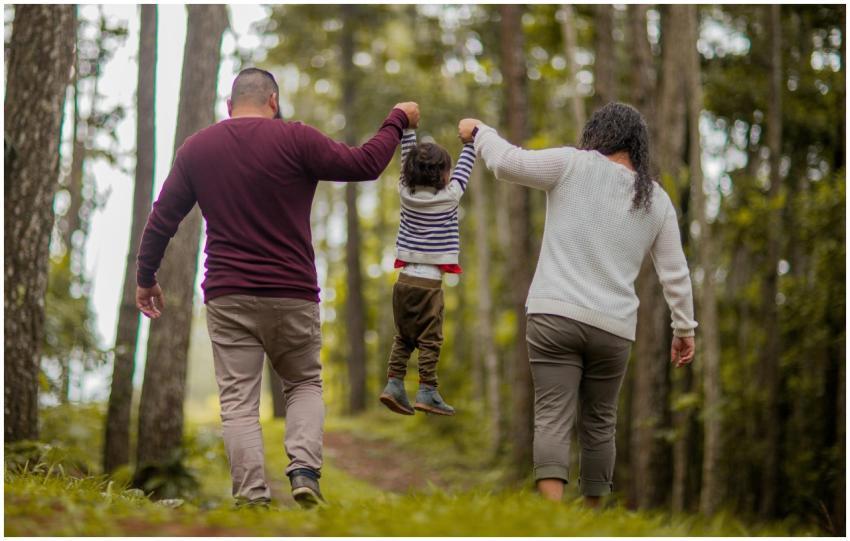 A happy family walking through a forest, lifting t