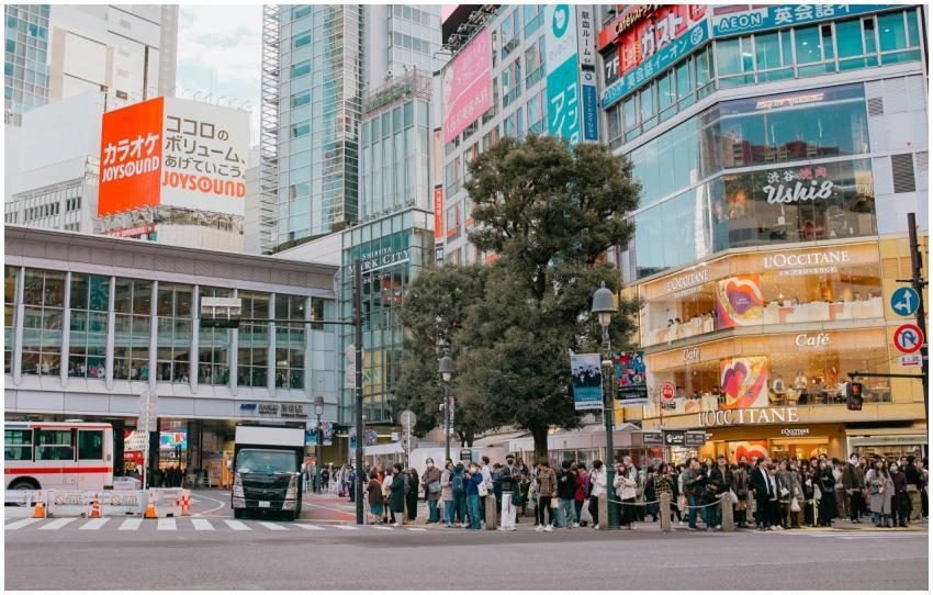 People waiting at the Shibuya crossing in Tokyo, s