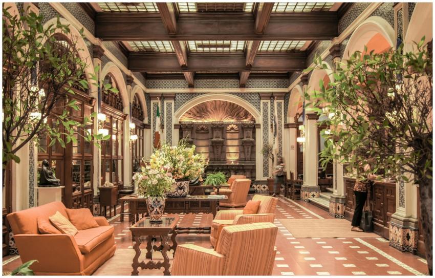 A luxurious hotel lobby featuring elegant architec