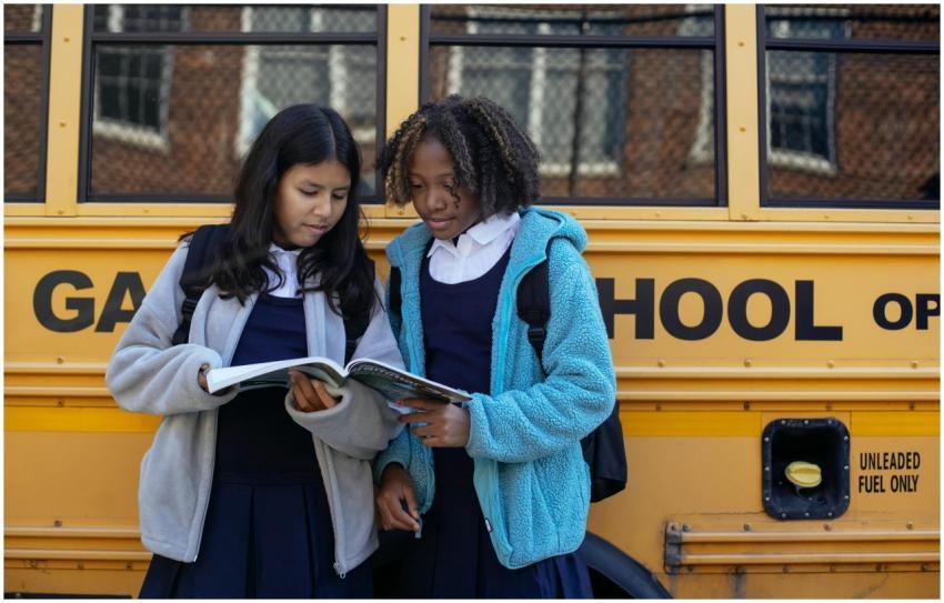 Multiethnic schoolchildren in uniforms watching ex