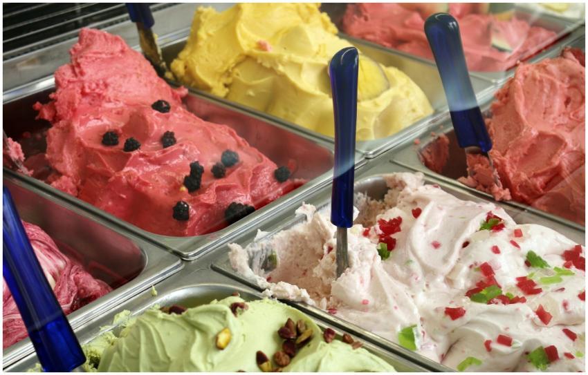 A vibrant array of gelato in various flavors displ