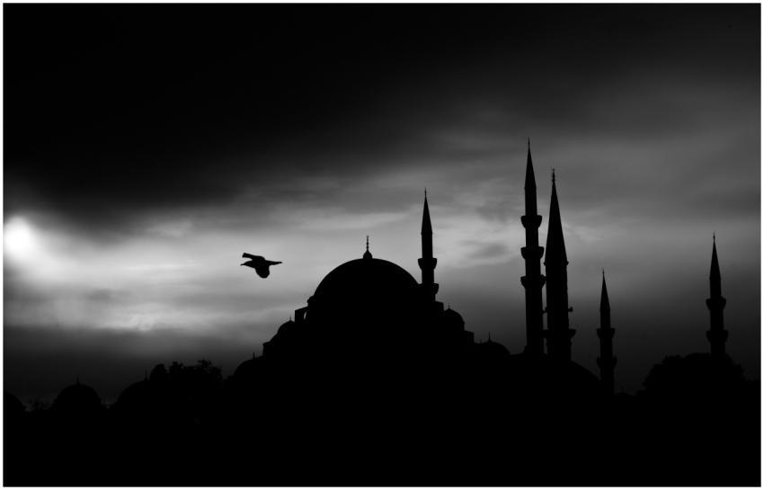 A black and white photo of a mosque silhouette wit