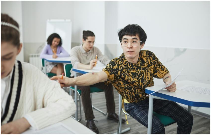 Students engaged in an exam setting, one attemptin