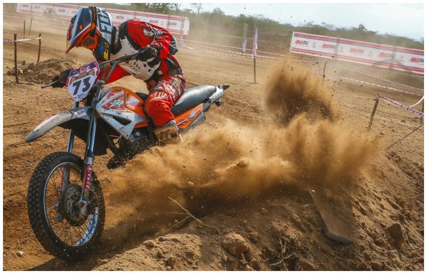 Dynamic motocross scene with rider kicking up dust