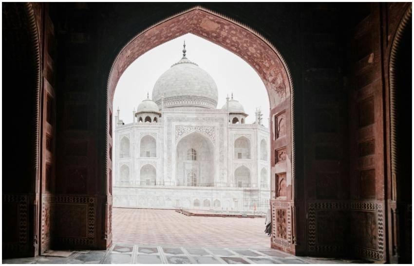 View of the iconic Taj Mahal through a decorative