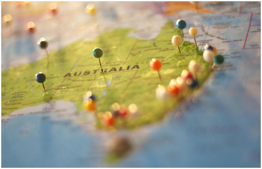 Close-up of a map of Australia with colorful pins