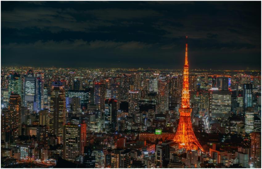 A stunning aerial night view of Tokyo featuring th