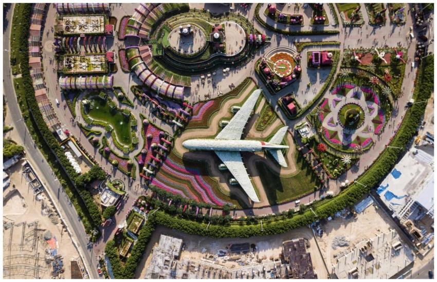 Colorful aerial shot of Dubai Miracle Garden showc