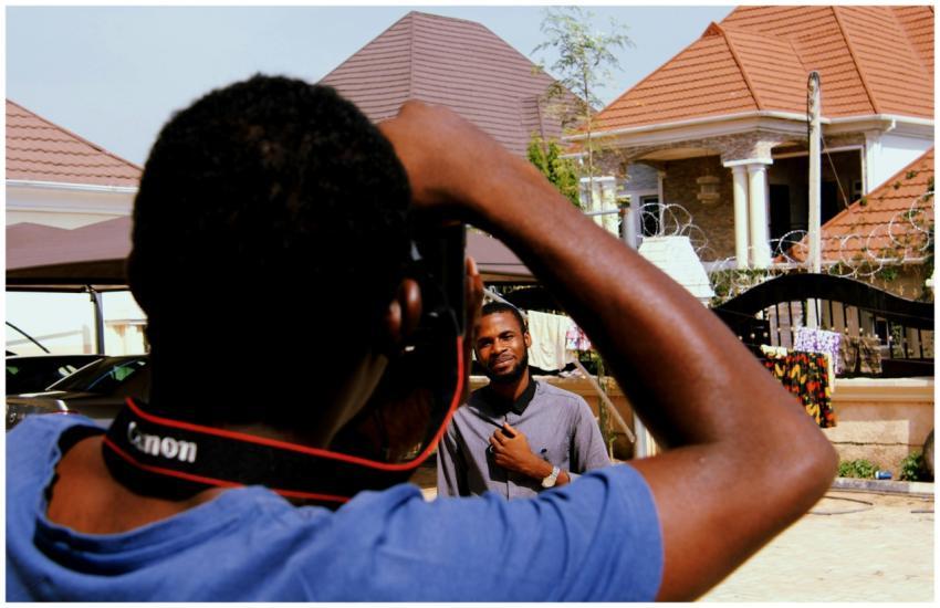 A casual outdoor photoshoot featuring young men in