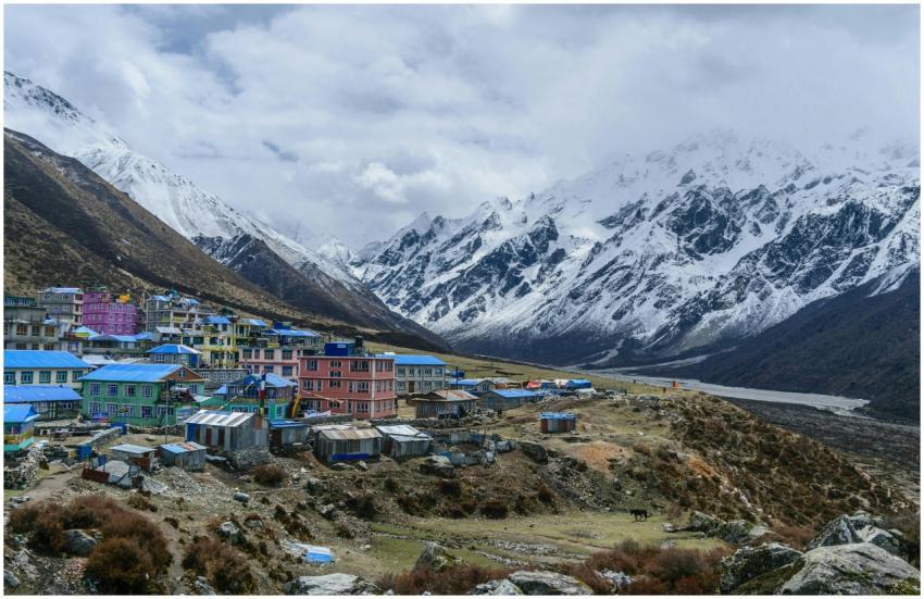Colorful alpine village in Sikkim, India with snow