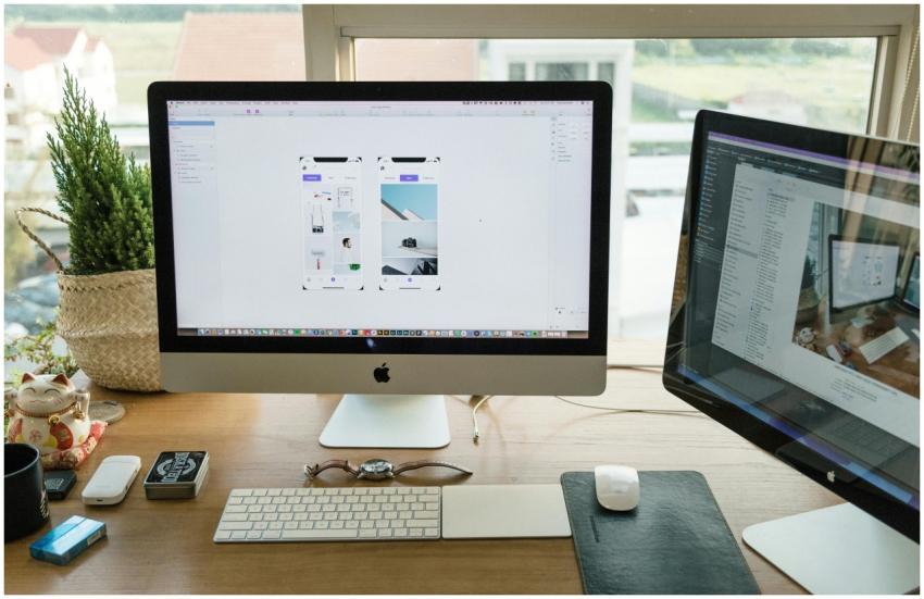 A well-organized modern office setup featuring App