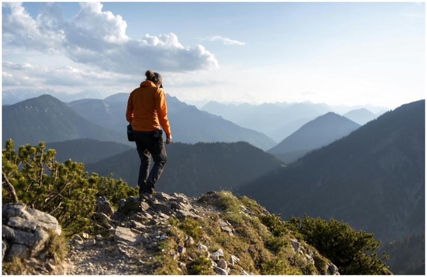 A lone hiker enjoys a scenic view of the Bavarian