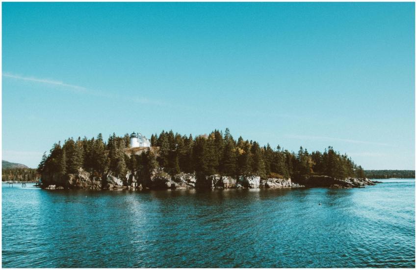 Tranquil island with lighthouse and dense forest,