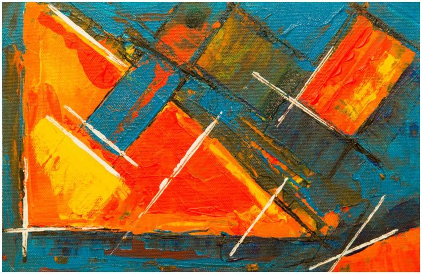 Dynamic abstract painting featuring bold geometric