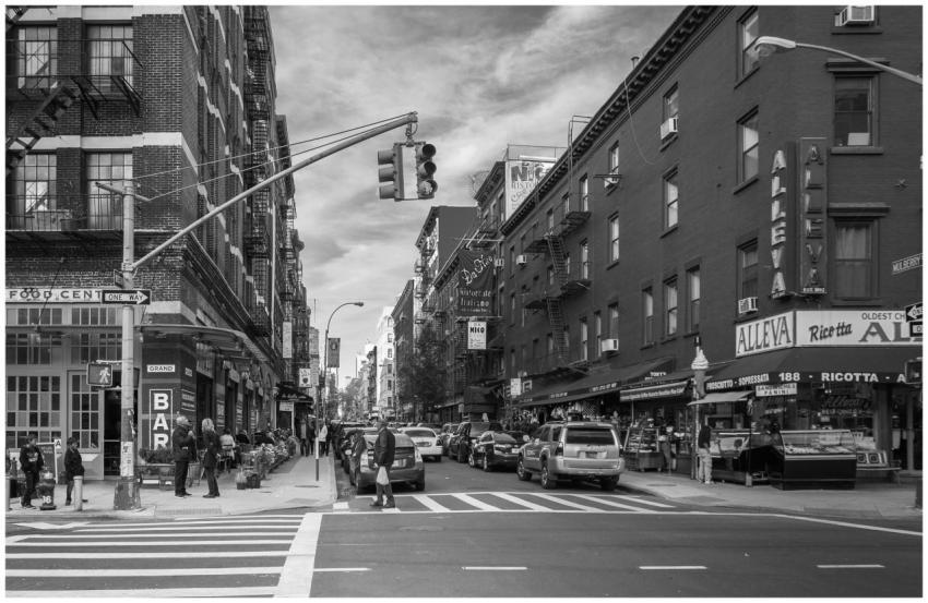 Monochrome cityscape of Little Italy, showcasing b
