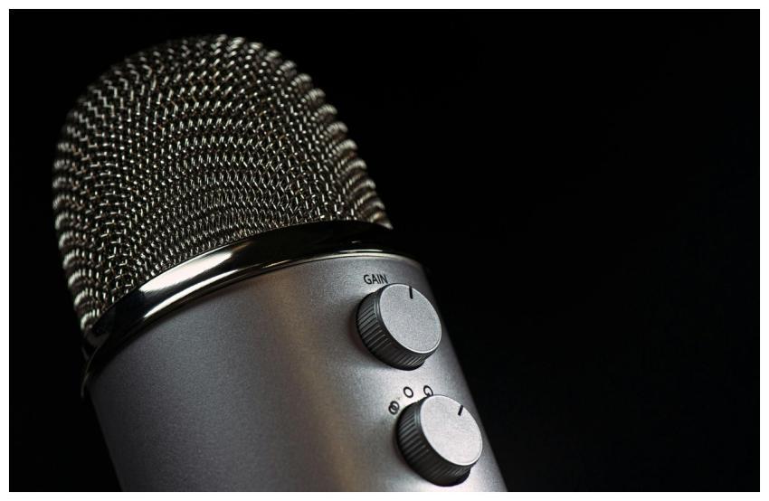 Detailed close-up of a silver mesh microphone with