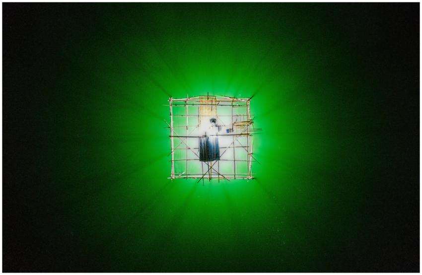 Aerial view of a luminous fishing platform in a vi