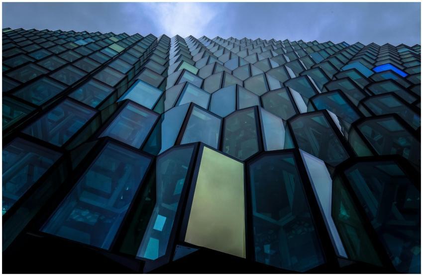 Striking view of a modern building's glass facade