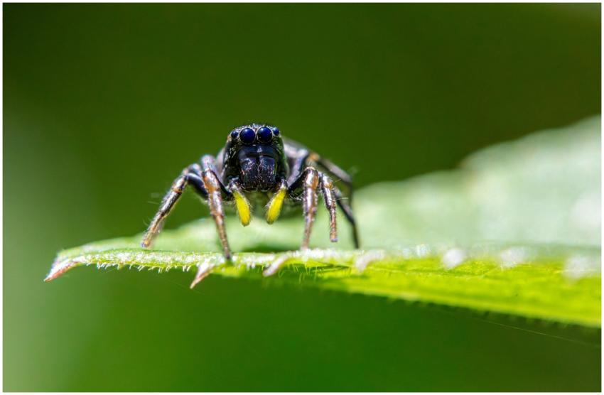 Macro shot of a jumping spider perched on a green