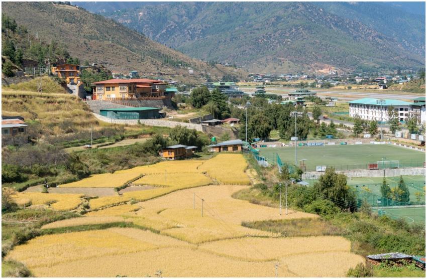 Beautiful aerial view of Paro Valley with rice fie