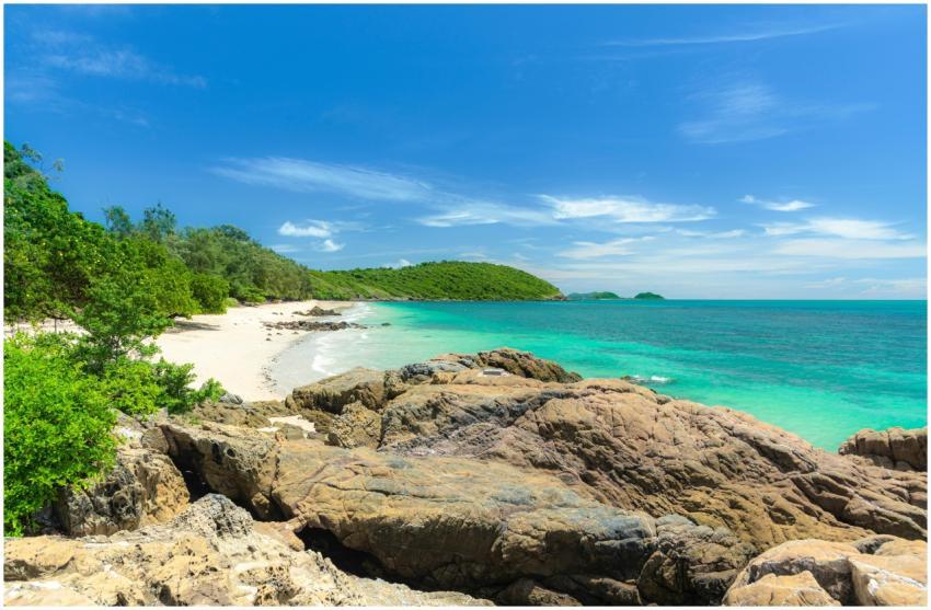 A serene tropical beach with turquoise waters and