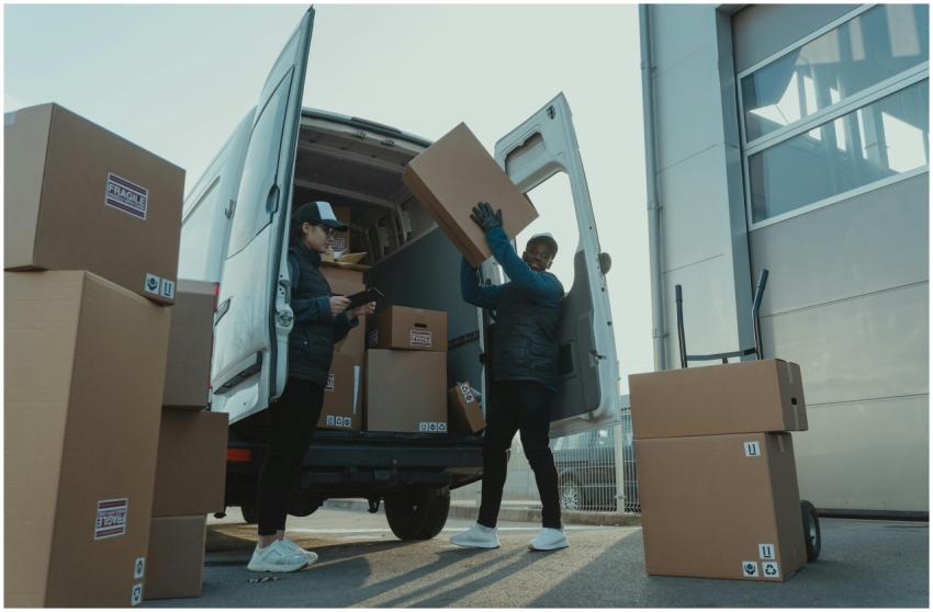 Workers loading boxes into a delivery van at a war