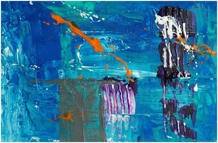 Abstract painting with vibrant blue, orange, and p