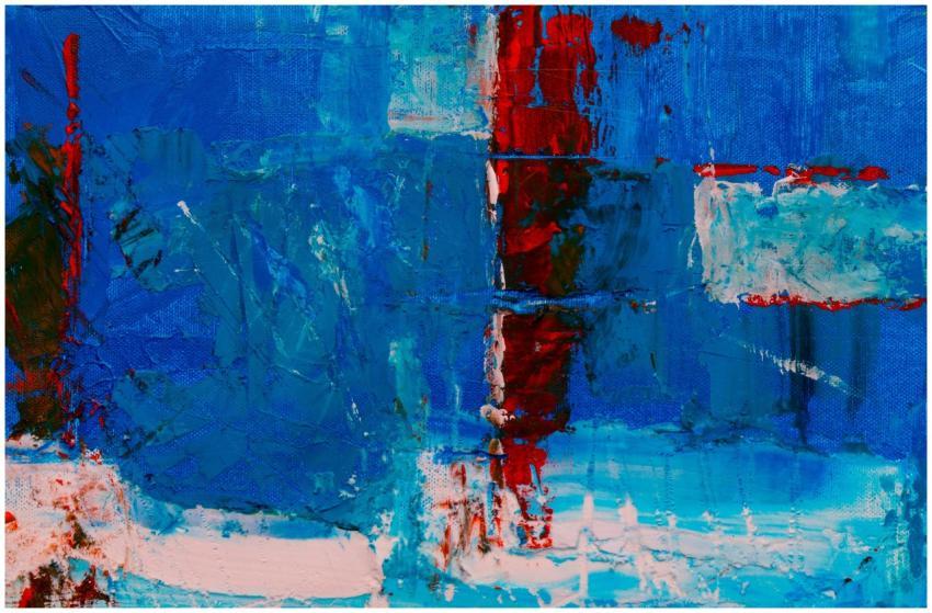 A vibrant abstract acrylic painting with bold blue