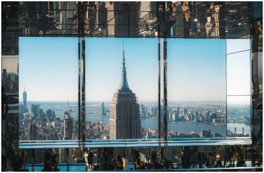 An aerial view of the Empire State Building throug