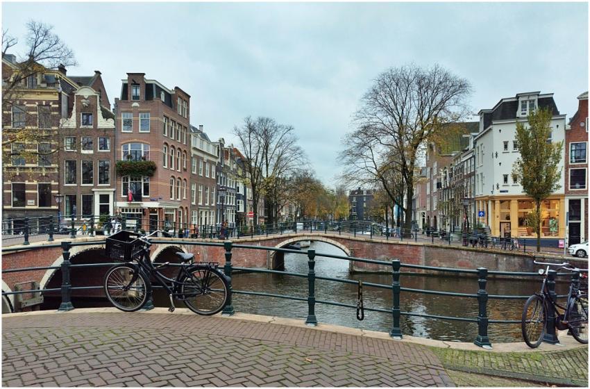 Picturesque view of Amsterdam canal with bicycles