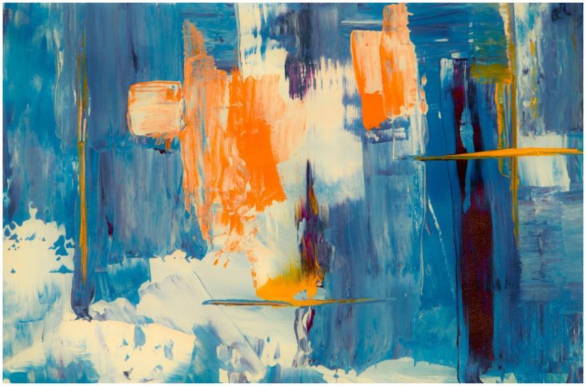 Dynamic abstract artwork featuring bold blues and