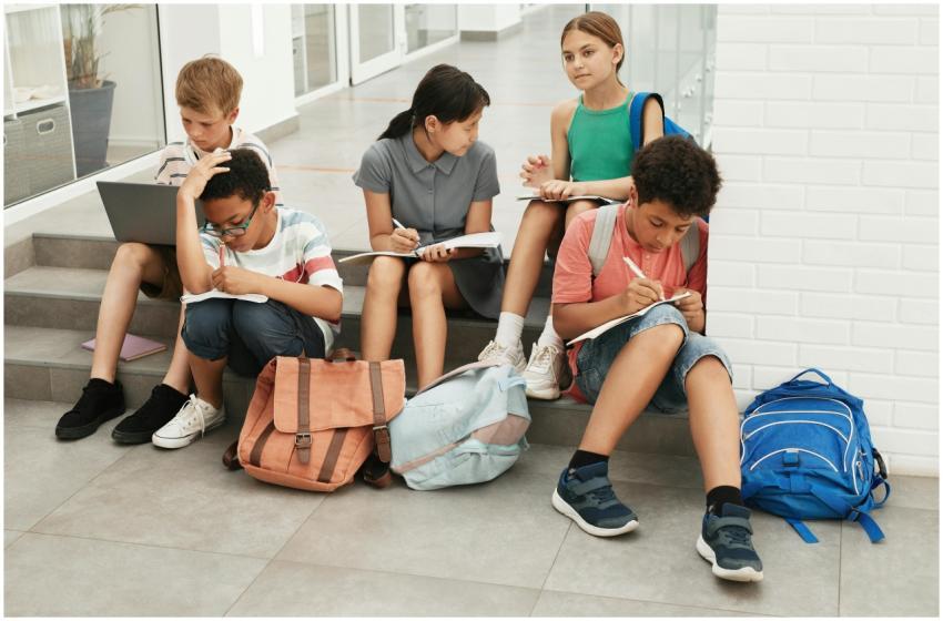 Teenagers studying and collaborating with laptops