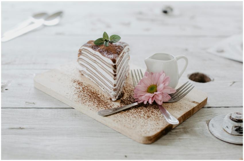 From above of appetizing piece of cake decorated c