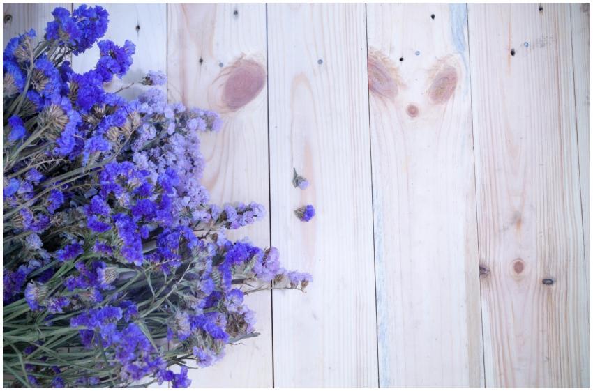 Top view of purple flowers on a light wooden backg