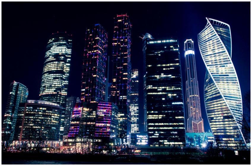Illuminated night view of Moscow's modern skyscrap