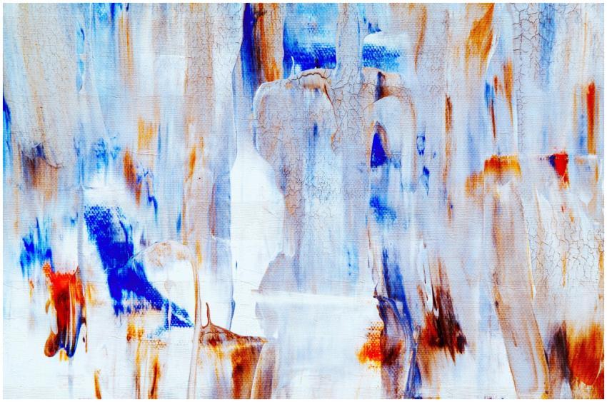 A vivid abstract acrylic painting with blue and or