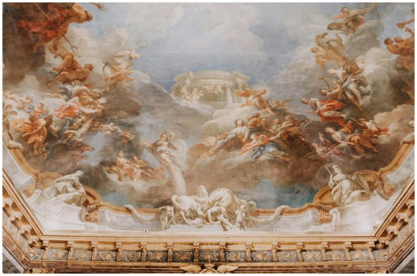 Intricate Baroque ceiling mural with classical art