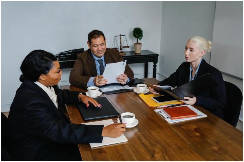 A diverse group of professionals discussing busine