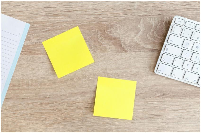 Flat lay of a workspace featuring yellow sticky no