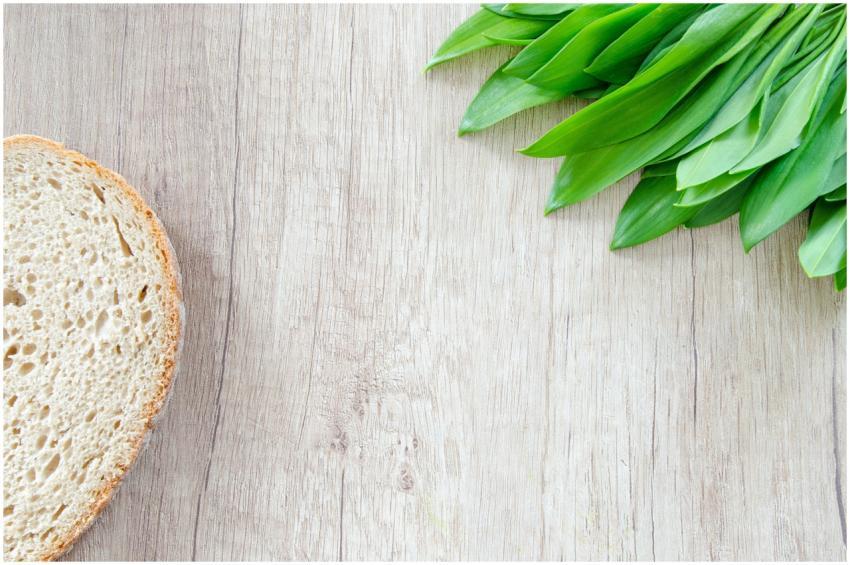 A slice of bread and fresh wild garlic leaves on a