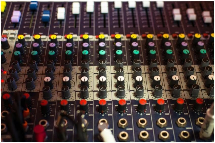 Detailed view of a professional audio mixing conso