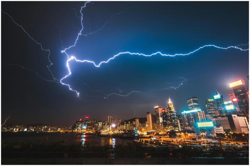 A striking image of a city skyline illuminated by